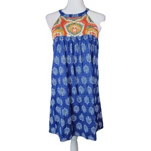 THML Mini Halter Dress Womens Medium Blue Orange Embroidered Flowy Casual Boho